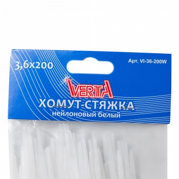Хомут-стяжка 3,6х200мм нейлоновый белый VERTA Хомут-стяжка 3,6х200мм нейлоновый белый VERTA
