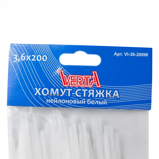 Хомут-стяжка 3,6х200мм нейлоновый белый VERTA Хомут-стяжка 3,6х200мм нейлоновый белый VERTA