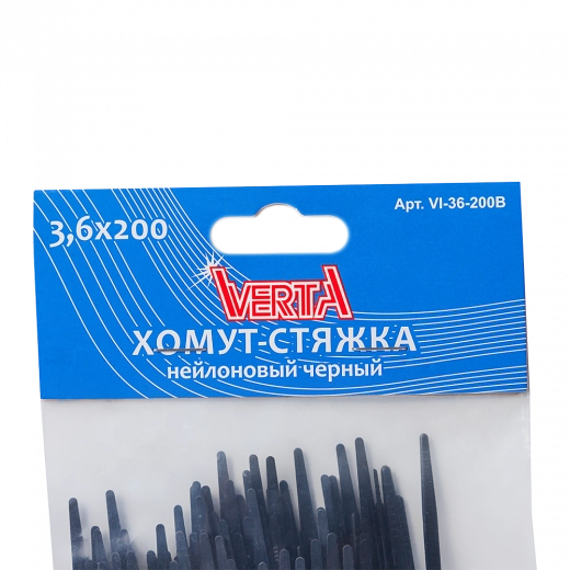 Хомут-стяжка 3,6х200мм нейлоновый черный VERTA