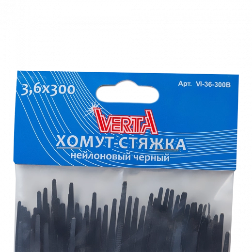 Хомут-стяжка 3,6х300мм нейлоновый черный VERTA Хомут-стяжка 3,6х300мм нейлоновый черный VERTA