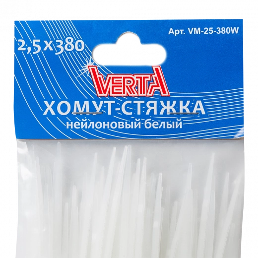 Хомут-стяжка 2,5х380мм нейлоновый белый VERTA