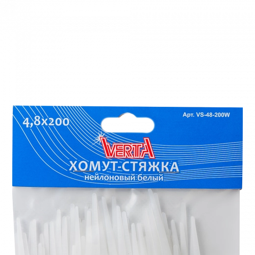 Хомут-стяжка 4,8х200мм нейлоновый белый VERTA  Хомут-стяжка 4,8х200мм нейлоновый белый VERTA