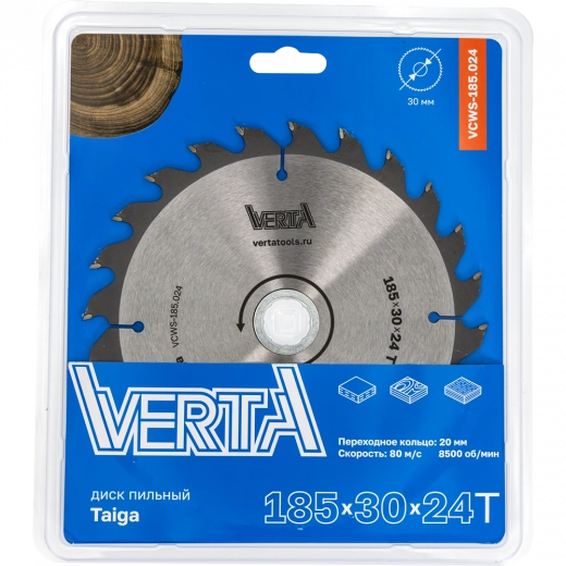 Диск пильный по дереву 185x30/20x2.2/1.4х24T Taiga VERTA
