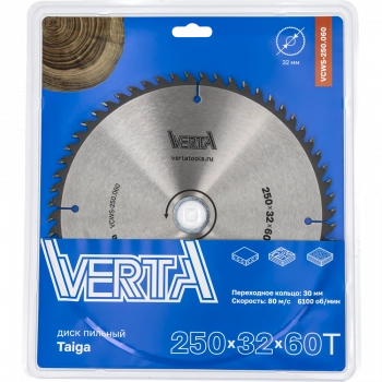 Диск пильный по дереву 250x32/30х2.8/2.0x60T Taiga VERTA