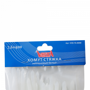 Хомут-стяжка 7,6х400мм нейлоновый белый VERTA (1уп/100шт)