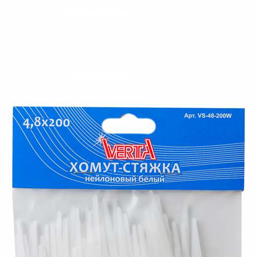 Хомут-стяжка 4,8х200мм нейлоновый белый VERTA 