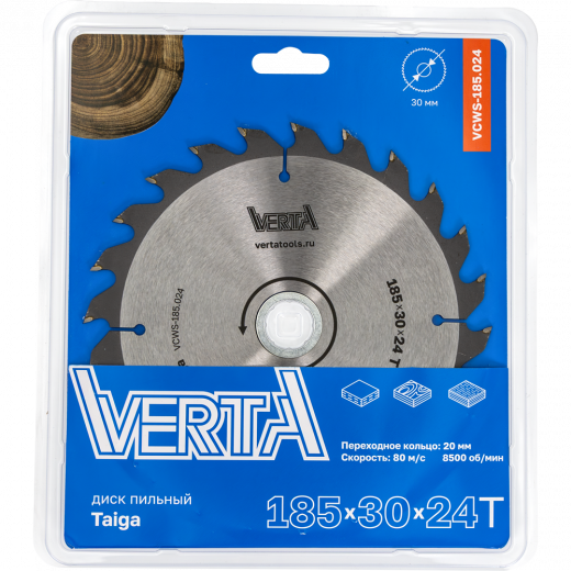 Диск пильный по дереву 185x30/20x2.2/1.4х24T Taiga VERTA