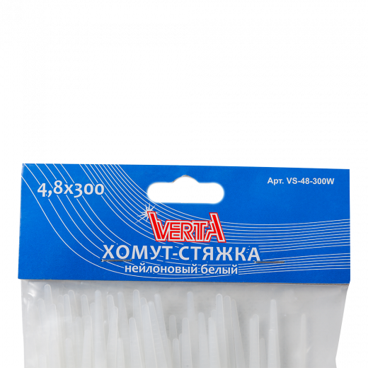 Хомут-стяжка 4,8х300мм нейлоновый белый VERTA
